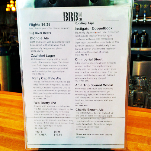 Big River Brewpub Flights Menu